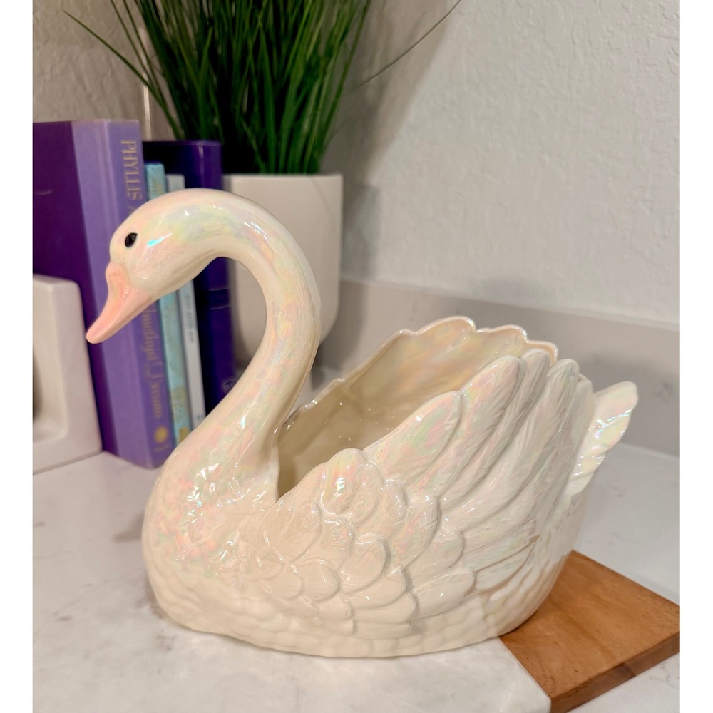Vintage Iridescent Pearlized Ceramic Swan Planter Opalescent White Decor